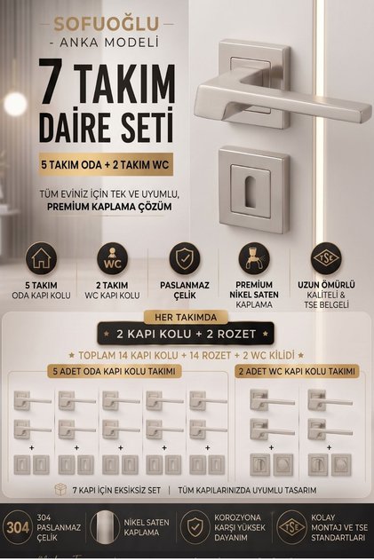 ( 7 TAKIM ) ANKA NİKEL SATEN PASLANMAZ ÇELİK 5 ODA 2 WC DAİRE SETİ - GARANTİLİ 1. SINIF