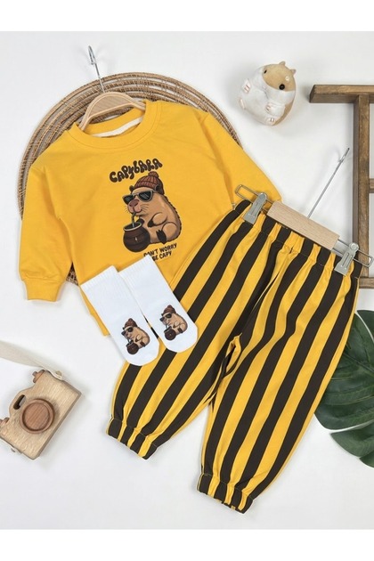 Capybara Printed Socks and Striped Pants Seasonal 3-Piece Baby Boy/Child Set