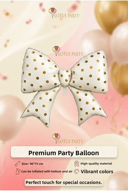 Polka Dot Cream Color Ribbon Balloon - Polka Dot Bow Balloon - Gold Polka Dot Cream Balloon