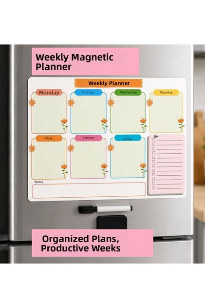 Weekly planner fridge magnet, erasable pen, magnetic whiteboard