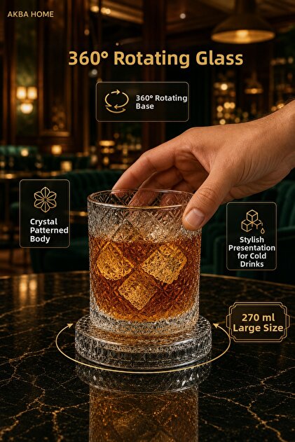 360 Degree Rotating Glass Cup Premium 270 ml Crystal Patterned Whiskey Cocktail Drink Cup with Metal Bearing Swivel Base