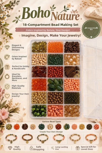 Boho Nature 18 Compartment Bead Jewelry Design Set 🌿 🤎 ✨ – Bracelet and Necklace Making Hobby Kit
