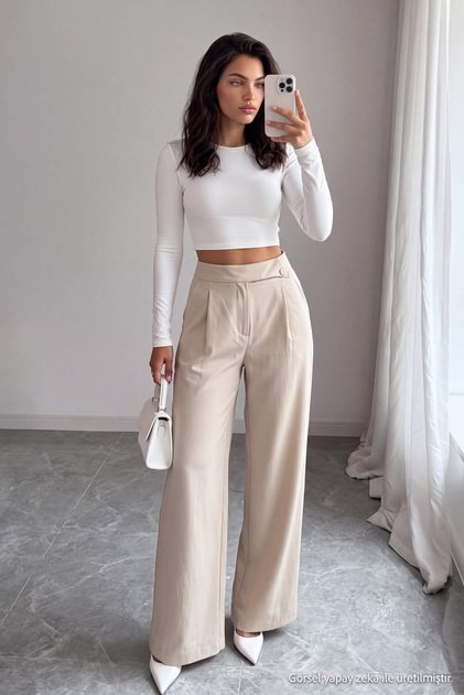 Bej Kemer Detaylı Wide Leg/Geniş Paça Kumaş Pantolon TWOAW27PL00067