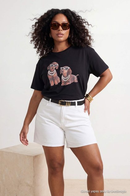 Black Dog Printed Oversize Fit Plus Size T-Shirt Tbbss26Bf00043