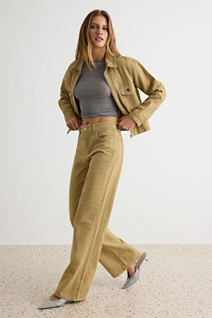 Khaki Textured Fabric 100% Cotton High Waist Wide Leg Jeans Twoss26Je00163