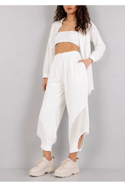 Women's White Linen Mesh Detailed Bohemian Pinterest Style Shalwar Trousers
