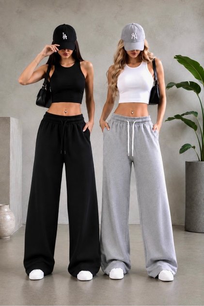 Sweatpants 2 Pieces Black Gray Wide Leg Comfortable Fit