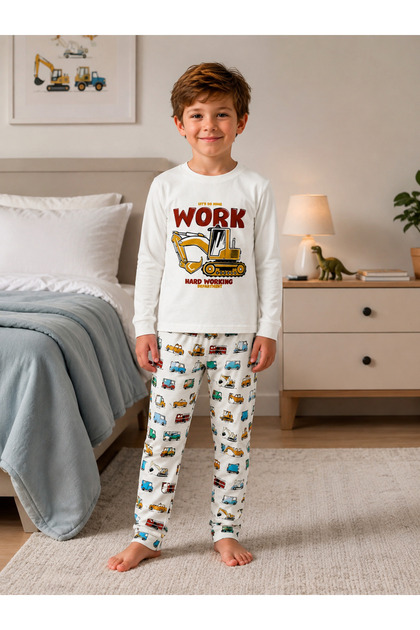 Boys' 100% Cotton White Work Machinery Scoop Pattern Long Sleeve Winter Pajama Set