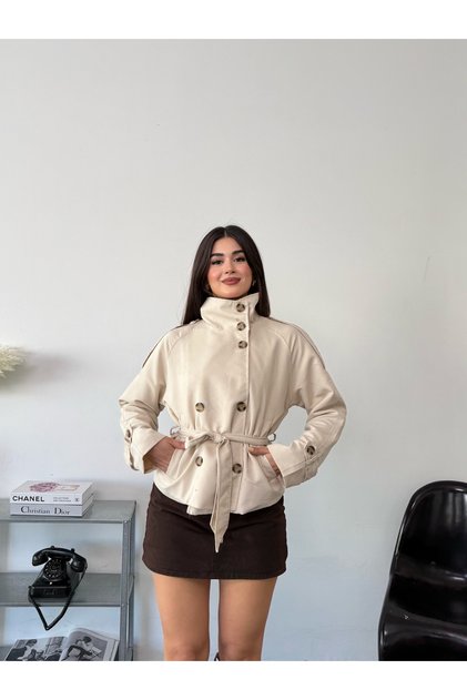 Kuşaklı Kısa Trençkot – Bej
