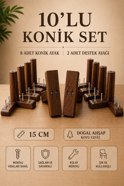 15 cm Ahşap Konik Mobilya Ayağı 10'lu Set Köşe ve Destek Ayağı Gürgen Koyu Ceviz Robot Süpürge Uyumlu