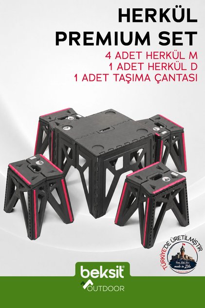 OUTDOOR Herkül Premium Katlanır Kamp Masa Takımı Seti - Antrasit (Çantalı)