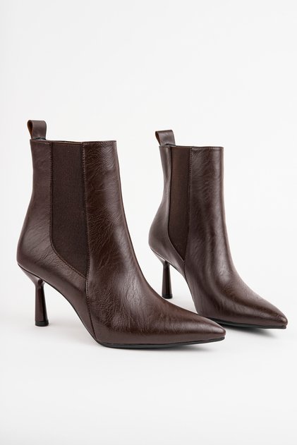 Women's Brown Leather Side Elastic Heeled Boots