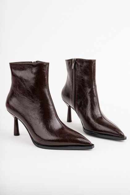 Women's Dora Brown Patent Leather Pointed Toe Heeled Boots