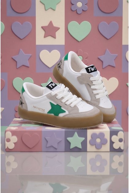 Children's Unisex White Green Thermo Sole Star Detailed Lace up and Velcro Sports Shoes