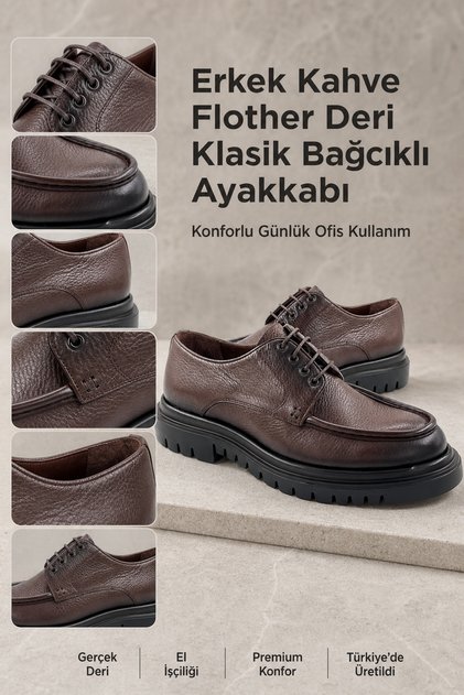 Men's Brown Flother Leather Classic Lace-Up Shoes Comfortable for Daily Office Use