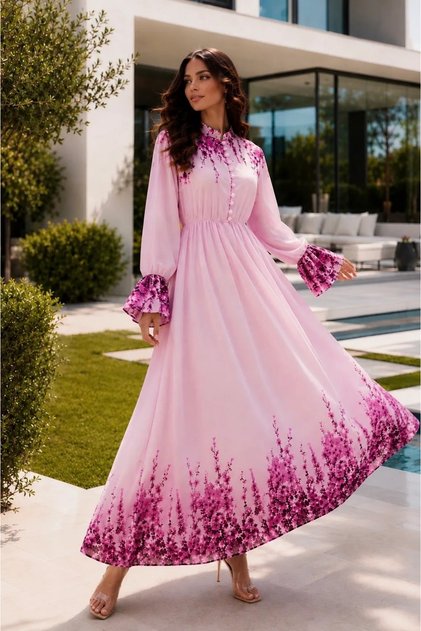 Önden Düğmeli Çiçekli Şifon Elbise MA10015 Pembe