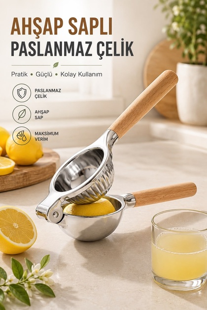 Ahşap Saplı Paslanmaz Çelik Limon Sıkacağı - Manuel Narenciye ve Portakal Sıkacağı Lüks Limon Presi