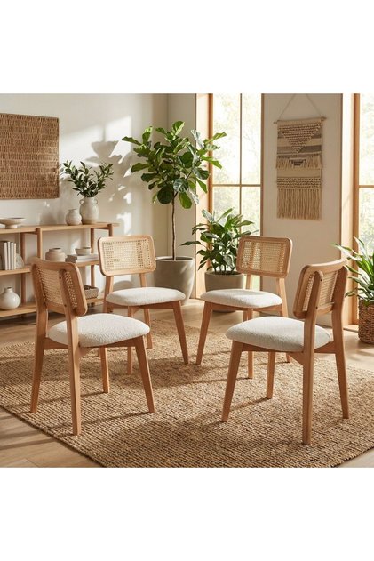4 Adet Zion Sandalye Teddy Krem Kumaş Hasırlı Naturel Ahşap Sandalye (4 ADET)