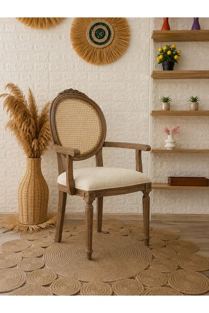 Kollu Madalyon Sandalye Teddy Krem Kumaş Oymalı Hasırlı Ceviz Ahşap Sandalye