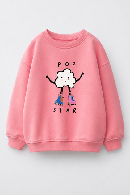 Girl's 3 Thread Fabric Cotton Popcorn Printed Sweatshirt