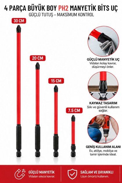 4 Parça Büyük Boy Mıknatıslı Bits Uç PH2 30 cm 20 cm 15 cm 7.5 cm