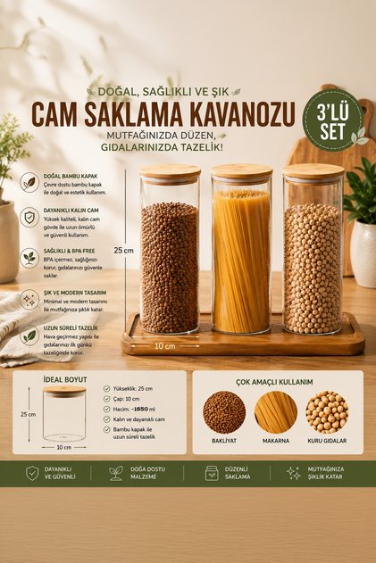 3-3 Bamboo Vacuum Lids Round Borosilicate Glass 3-Piece Jar Set Storage Container 1650ml 10X25Cm