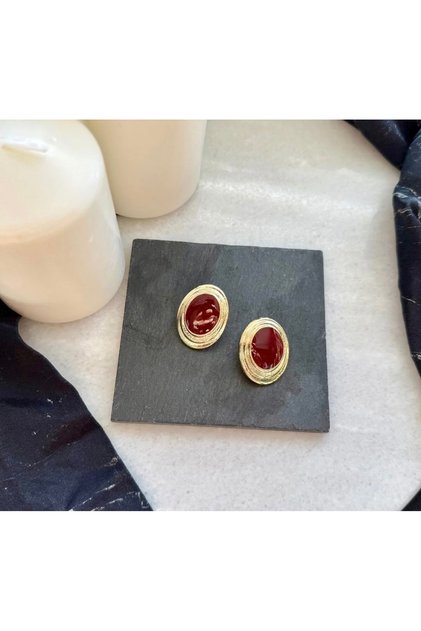 Gold Burgundy Enamel Vintage Stud Earrings