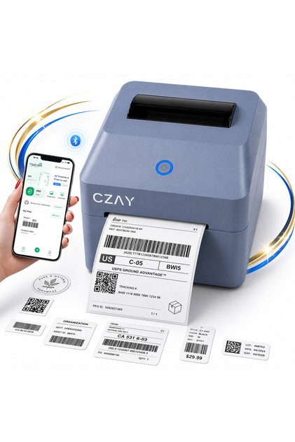 Imprimanta Termica AWB si Etichete CZAY®,Bluetooth/USB,AWB 100x150 mm (A6),Etichete 25-100 mm,100.000.000 impulsuri,Rezolutie 203 DPI,Viteza printare 160 mm/s,iOS/Android/Windows/MacOS,Albastru Regal