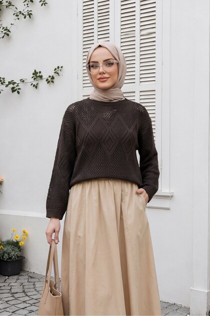 Openwork Knitwear Sweater with Patterned Front and Sleeves -K. Coffee