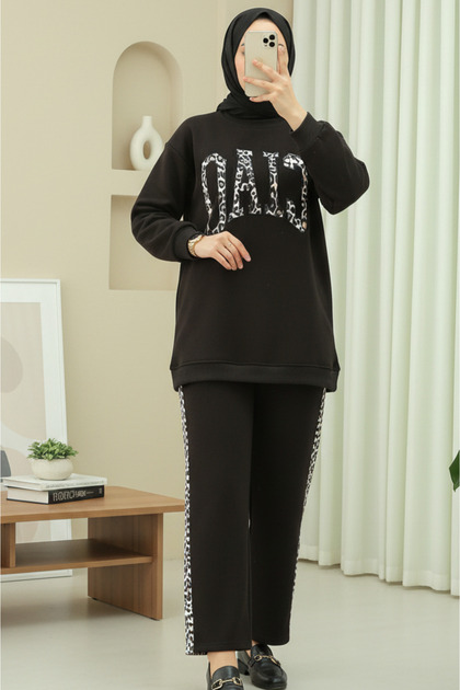 Three-Thread Sweat Suit with Leopard Pattern Detail on the Front -K. Coffee