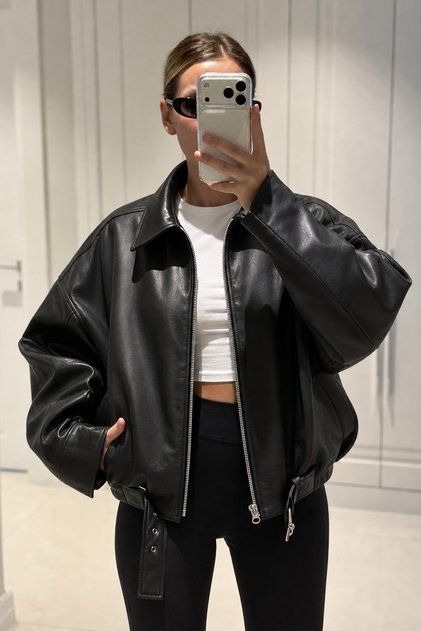Kadın Oversize Deri Ceket– Oversize Relax Fit, Fermuarlı Kemer Detaylı Günlük Kadın Ceket
