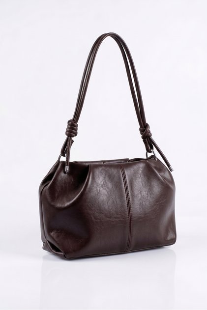 Women's Bitter Brown Shiny Textured Knot Detailed Wide Inner Volume Adjustable Cross Strap Shoulder Bag