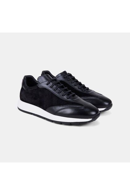 Men's Black Lace-Up Leather Sneaker with Suede Detail