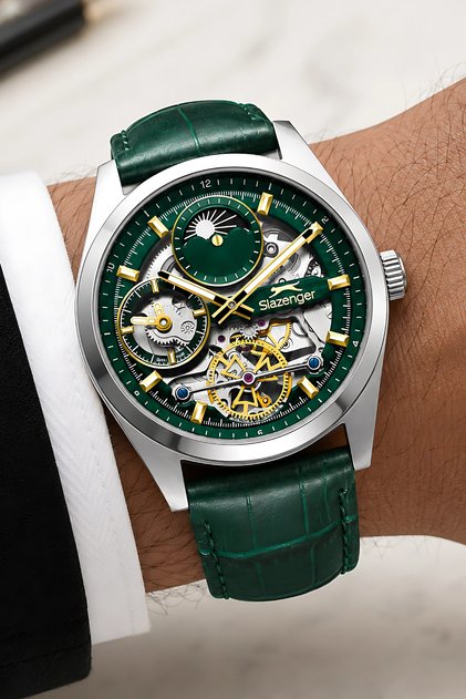 Leather Cord Automatic Mechanism Men's Wristwatch, Green with Bracelet Gift Sdslz010