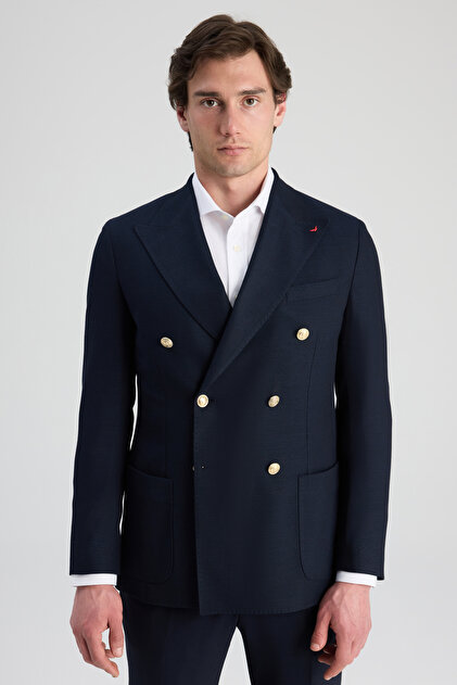 Ds Damat Regular Fit Navy Blue Dobby Fabric Jacket