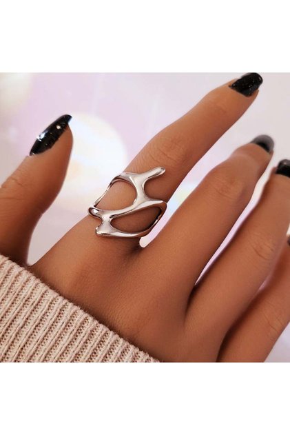 02 Punk Geometric Irregular Liquid Lava Waterdrop Shaped Open Rings For Women Vintage Silver Color M