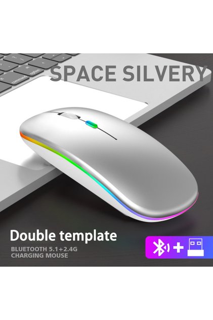 Silvery Wireless Mouse 2.4GHz Bluetooth Rechargeable Mouse Quiet Ergonomic Gaming Mouse With USB Bac