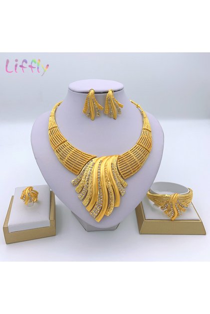 45cm resizable gold set African Dubai 24k Gold Plated Choker Necklace Jewelry Set for Women Bridal