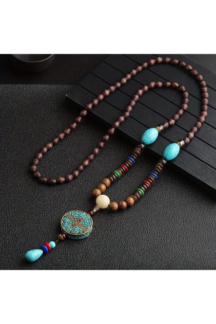YB0055-4 قلادة عتيقة مصنوعة يدويًا من نيبال، مالا بوذية، خرز خشبي، قلادة وقلادة على شكل سمكة عرقية