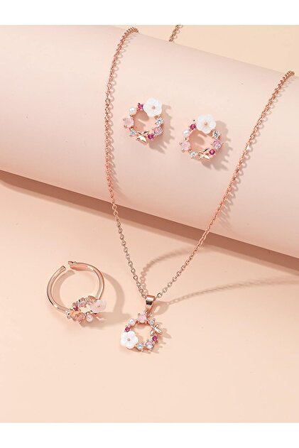 Rose Gold Color 4 Pieces Rose Gold-color Lady Flower Fashion Accessories Zircon Simple Ornate Exquis