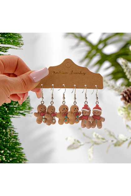 BR25Y0606-1 3 Pairs Cute Christmas Gingerbread Man Dangle Earrings for Women Xmas Cookies Resin Dang