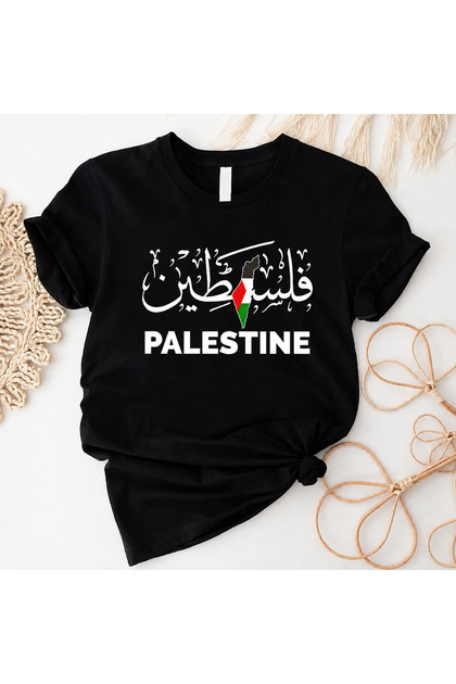 تي شيرت فلسطين مطبوع باللون الأسود للجنسين - تيشيرت