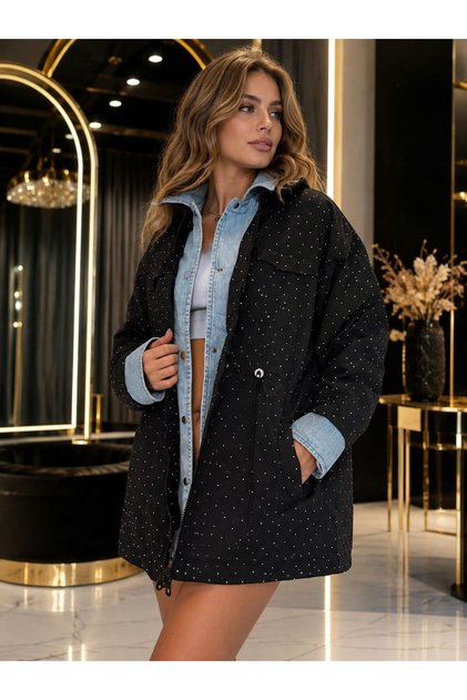 Kadın Yeni Sezon Oversize Işıltılı Kot Detaylı Astarlı Ceket