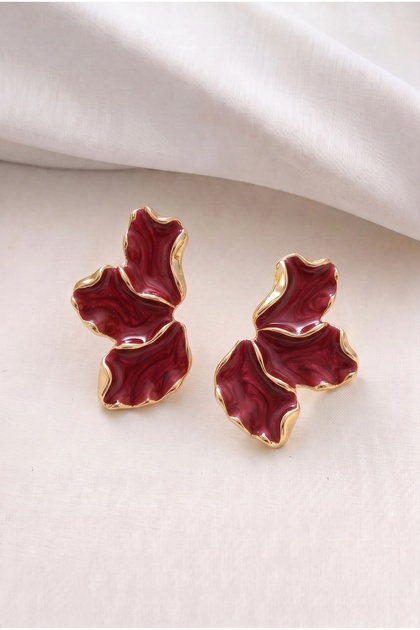 Gold Colored Red Enamel Women's Earrings