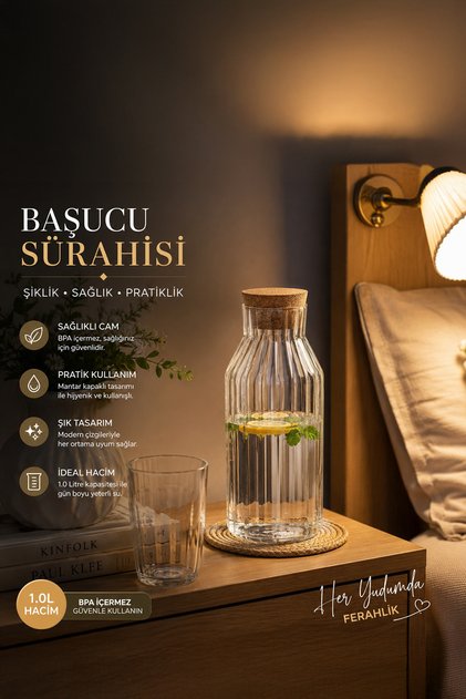 2095 Mantar Kapaklı ve Cam Başucu Sürahisi 950 ml