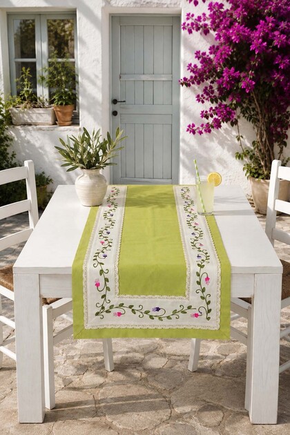 Buldan Linen Embroidered Runner, Console, Coffee Table Cover-Pistachio Green