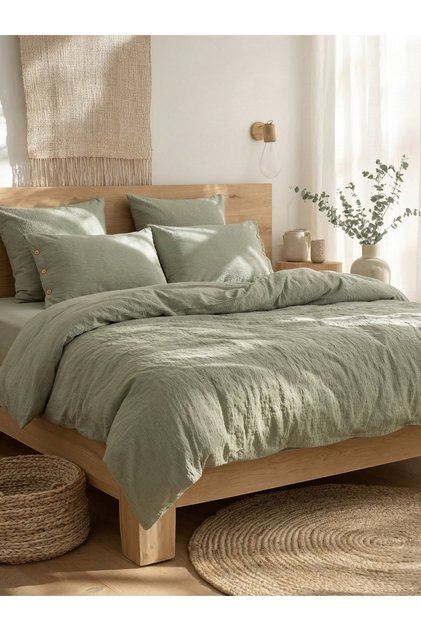 Nevresim Takımı 200x220cm %100 Pamuk Düğmeli Çift Kişilik/Yeşil/Pampas Gofre