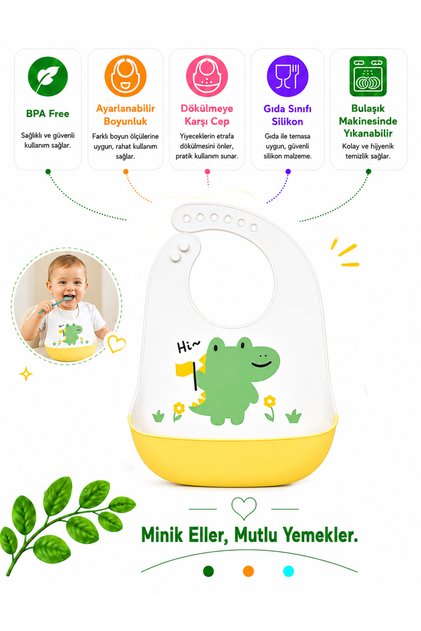 Premium, Durable Bpa-Free Adjustable Children's Silicone Bib with Dinosaur Figure (9+ Months)