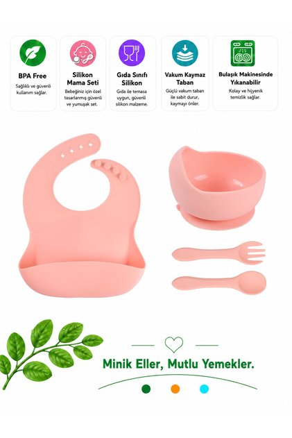 Child Silicone Bib, Silicone Vacuum Bowl, Silicone Spoon And Fork / Pink