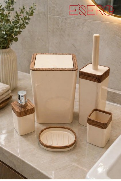 Dante Acrylic Bathroom Set 5-Piece 5 Cream Wood Patterned – Trash Can, Toilet Brush, Liquid Soap Dispenser, Toothbrush Holder, and Solid Soap Dispenser – Esero